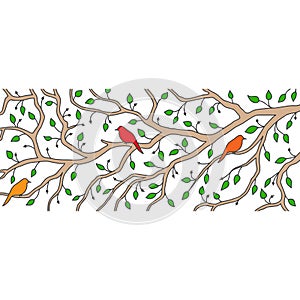 A beautiful spring decoration: three birds are sitting on a branch