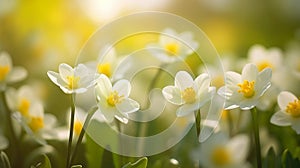 Beautiful spring flower background with morning light illuminating the pretty white flowers