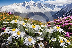 Beautiful spring flowers on the background of snow-capped mountains.