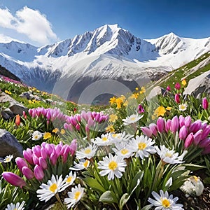 Beautiful spring flowers on the background of snow-capped mountains.