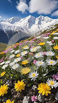 Beautiful spring flowers on the background of snow-capped mountains.