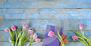 beautiful spring flowers, row of pink tulips flowers with books on wooden blue background, concept, flat lay, negative space,free