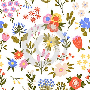 Beautiful spring flowers seamless pattern. Cute repeated plants, color cartoon flora, blooming nature, wildflowers