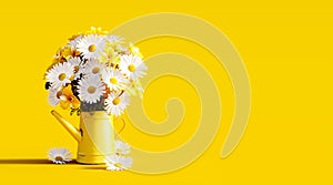 Beautiful spring flowers in yellow watering can on yellow background with copy space