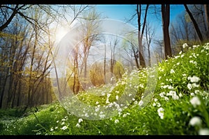 Beautiful spring forest background nature with blooming glade, trees and blue sky on a sunny day. Generative AI.