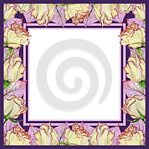 Beautiful spring frame made of rose flowers and leaves with veins. Square pink and purple frame with white background for a text.