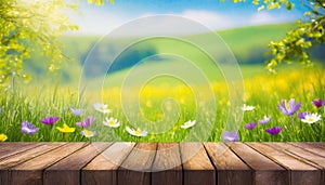 beautiful spring green meadow background with empty wooden table for product display