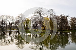 Beautiful spring lake and forest. Springtime season Abstract natural background. Blurry silhouettes of many green spring