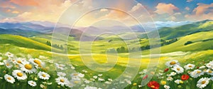 Beautiful spring landscape, blooming daisies, spring yellow, red and white flowers. Panorama of spring green fields,