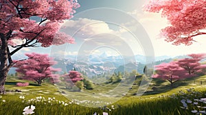 Beautiful spring landscape with blooming sakura flowers. 3d render