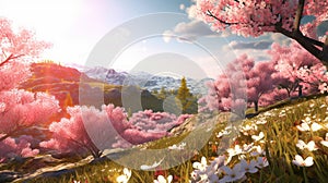 Beautiful spring landscape with blooming sakura flowers. 3d render