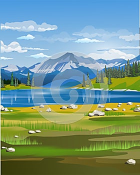 Beautiful spring landscape with an blue lake, forest, mountains, clouds and a large spruce in the foreground. Landscape