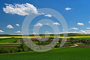 Beautiful spring landscape with blue sky and sun. Czech Republic Europe