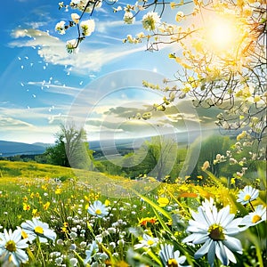 Beautiful spring landscape with daisies on the meadow