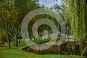 Beautiful spring landscape depicting a lake with a white bridge in the morning.