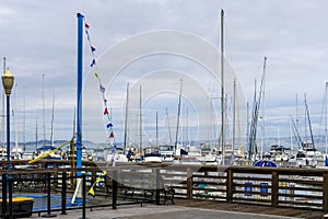 a beautiful spring landscape at Fisherman\'s Wharf on Pier 39 with boats and yachts docked in the harbor with ocean water
