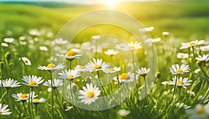 Beautiful spring landscape with meadow flowers and daisies in the grass. Natural summer panorama, summer landscape,
