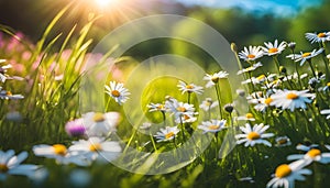 Beautiful spring landscape with meadow flowers and daisies in the grass. Natural summer panorama, summer landscape,