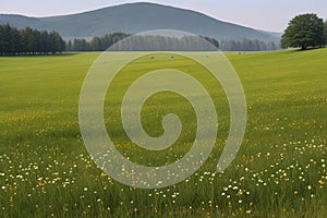 Beautiful spring landscape with meadow, mountain and forest in the background