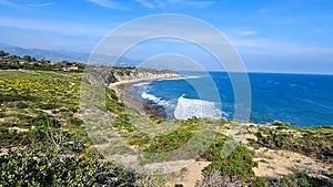 a beautiful spring landscape at Point Dume beach with blue ocean water, lush green trees and plants, homes along the cliffs, waves