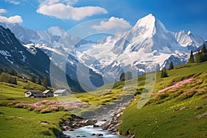 Beautiful spring landscape in the swiss alps, Switzerland, Idyllic mountain landscape in the Alps with blooming meadows in