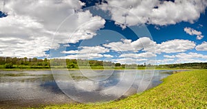 Beautiful spring landscape wallpaper with flood waters of Volga river horizontal background