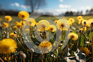 Beautiful spring landscape with yellow dandelions and green grass in a soft blurred background