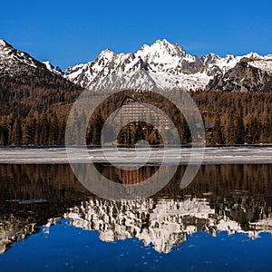 Beautiful spring nature - clear lake in the mountains.