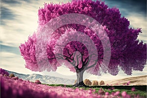 Beautiful spring nature scene with pink blooming tree