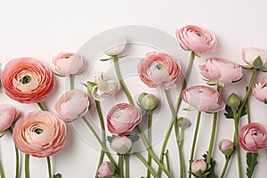 Beautiful spring Ranunculus flowers on white background from above. Floral border. Pastel color. Wedding mockup. Clean space for