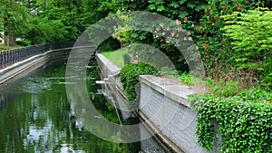 Beautiful spring river and forest. Nature Reflection of trees in the water. Abstract natural background. Blurry