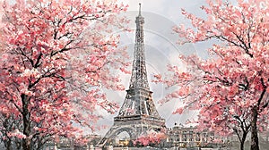 Beautiful Spring Scene with Cherry Blossoms and Eiffel Tower
