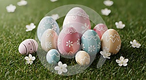 Pastel Easter eggs rest gently on green spring grass