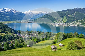 Beautiful spring scenery in the Alps with clear mountain lake in Zell am See
