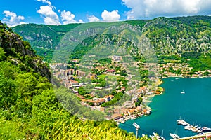 Beautiful spring scenery Kotor port aerial view Montenegro