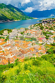 Beautiful spring scenery Kotor town and bay aerial view Montenegro