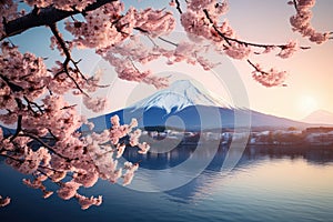 Beautiful spring season and Mountain Fuji with pink cherry blossom flowers at lake Kawaguchiko in Japan