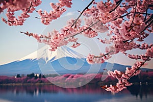 Beautiful spring season and Mountain Fuji with pink cherry blossom flowers at lake Kawaguchiko in Japan