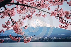 Beautiful spring season and Mountain Fuji with pink cherry blossom flowers at lake Kawaguchiko in Japan