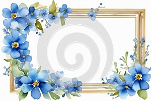 Beautiful spring square frame with tender blue flowers on white background, watercolor illustration. Copy space, place for text