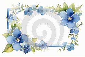 Beautiful spring square frame with tender blue flowers on white background, watercolor illustration. Copy space, place for text