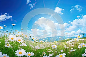 Beautiful spring summer meadow. Natural panoramic landscape with wild flowers of daisies against blue sky