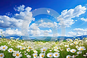 Beautiful spring summer meadow. Natural panoramic landscape with wild flowers of daisies against blue sky