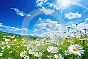 Beautiful spring summer meadow. Natural panoramic landscape with wild flowers of daisies against blue sky