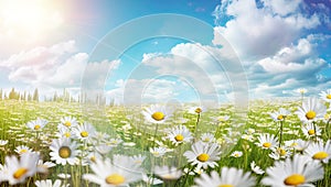 Beautiful spring summer meadow. Natural panoramic landscape with wild flowers of daisies against blue sky