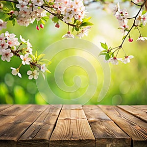 Spring tree branches with beautiful flowers over empty wooden surface against blurred green background photo