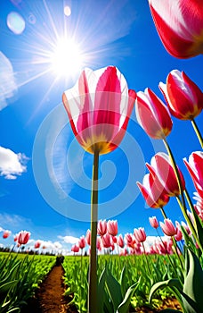 beautiful spring tulips on blue sky background , Ai Generated