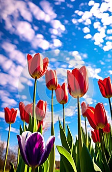 beautiful spring tulips on blue sky background , Ai Generated