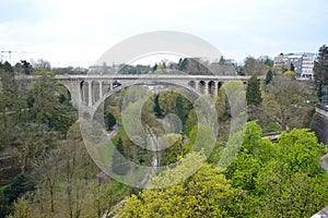 Beautiful spring view of the Adolf Bridge and nature in Luxembourg