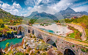 Beautiful spring view of Old Mes Bridge. Colorful morning landscape of Shkoder.